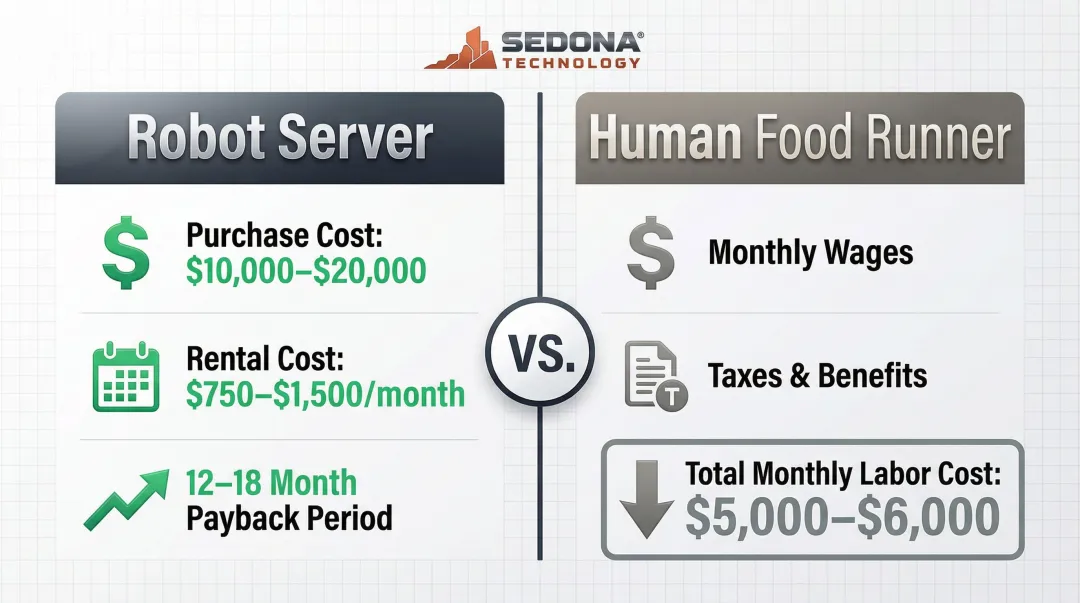 Robot server versus human food runner monthly cost and ROI comparison infographic