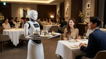 Restaurant dining room with robot server delivering food to guests at table