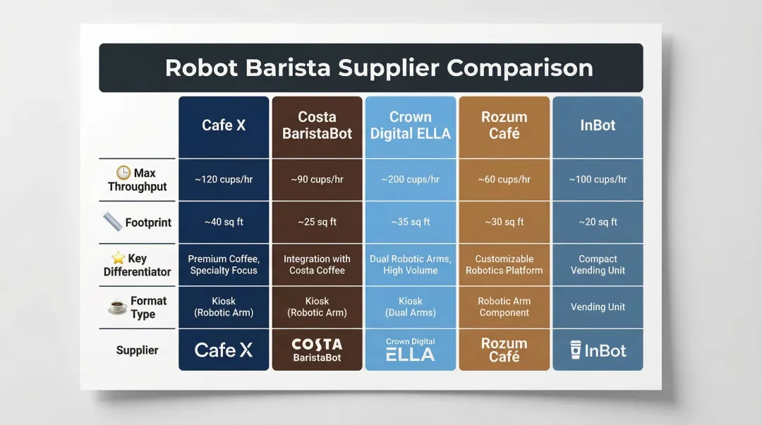 Five robot coffee barista suppliers comparison chart throughput footprint and key features