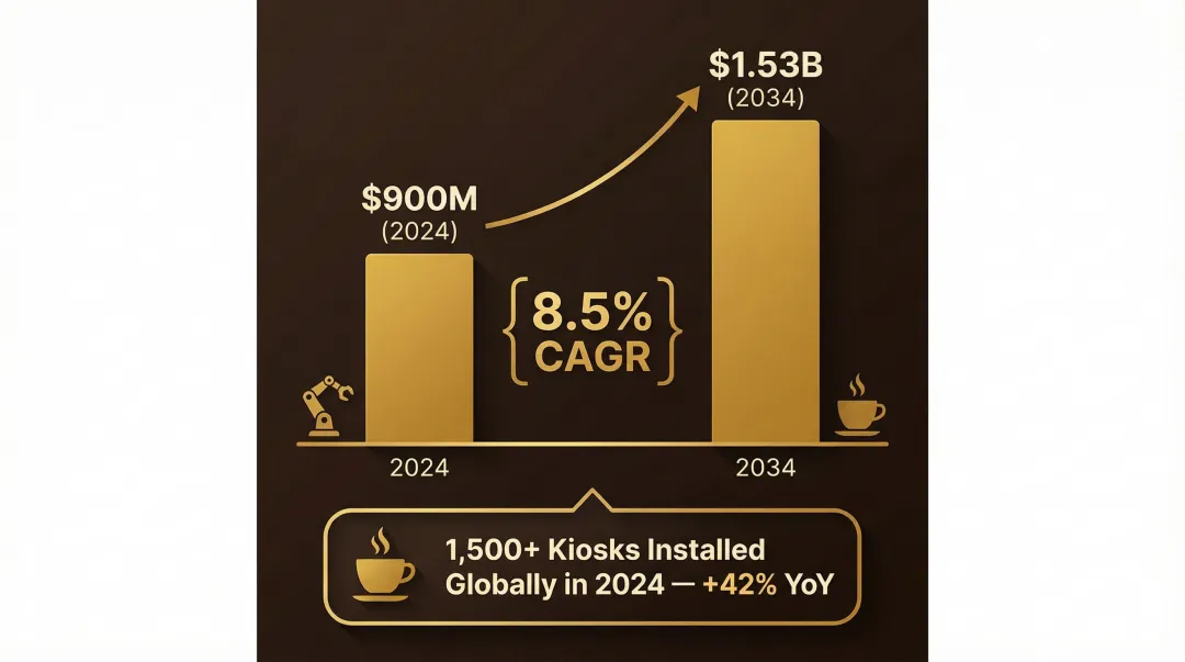 Robotic coffee kiosk market growth from 900 million to 1.53 billion dollars infographic