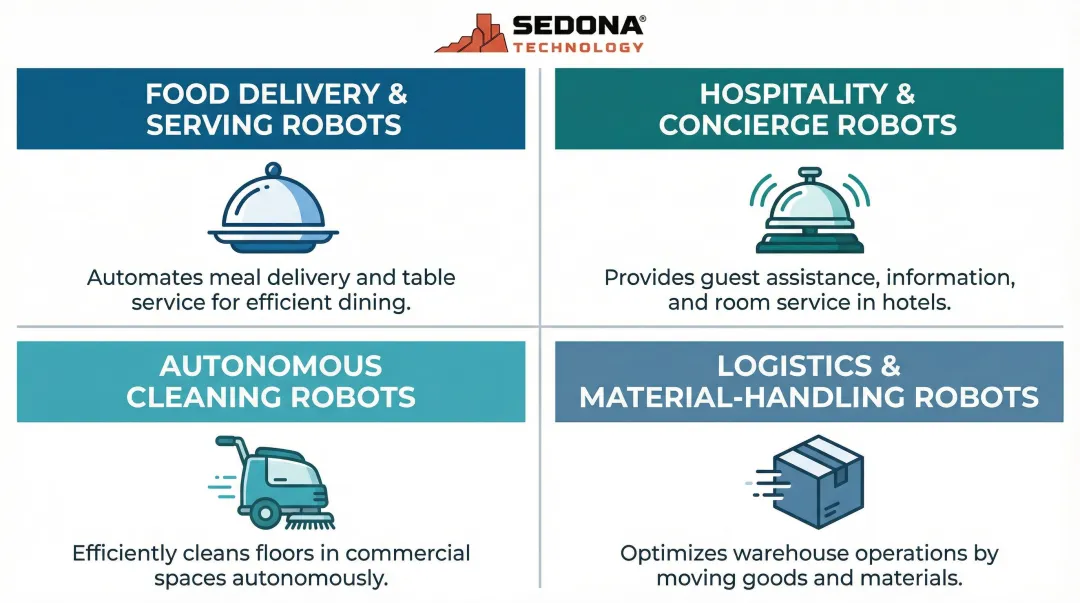 Four key service robot categories for businesses visual overview infographic