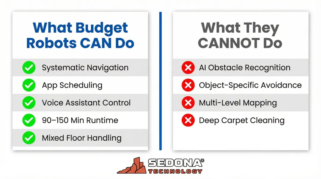 Budget robot vacuum capabilities versus limitations side-by-side comparison infographic