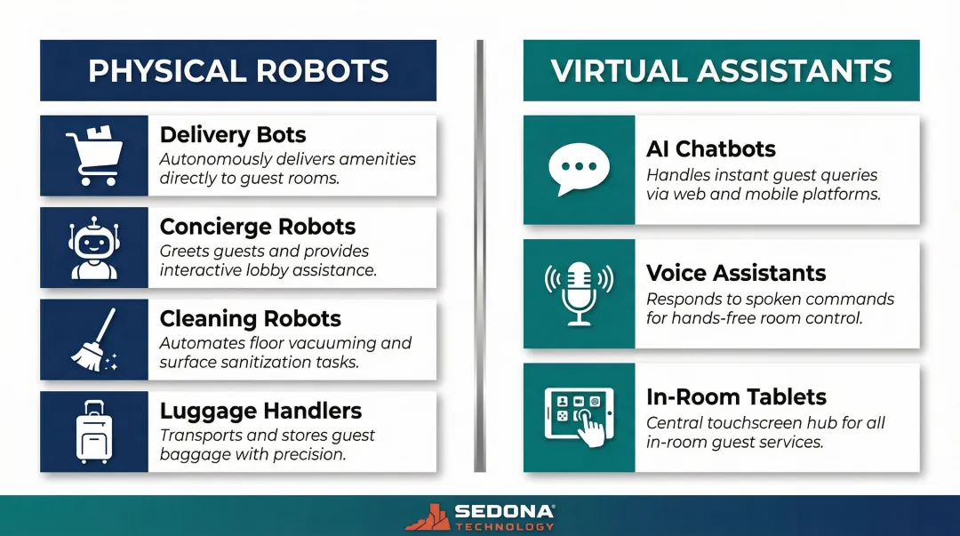 Hotel service robots two categories physical robots versus virtual assistants comparison