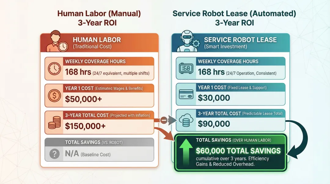 Restaurant robot ROI cost comparison table human labor versus robotic lease three years