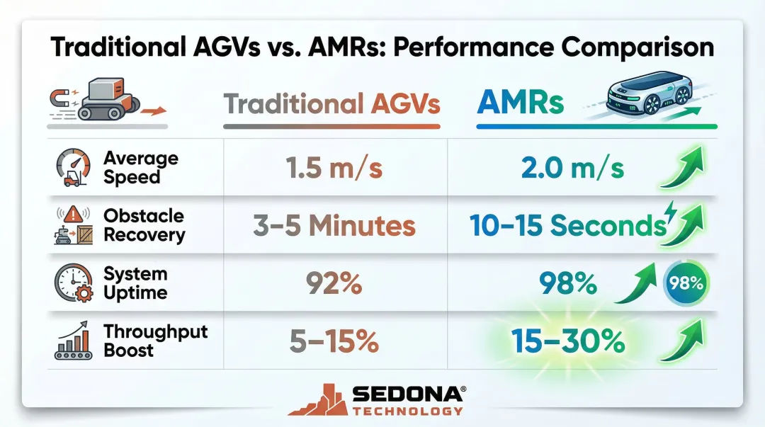 AMR versus traditional AGV performance comparison chart warehousing metrics