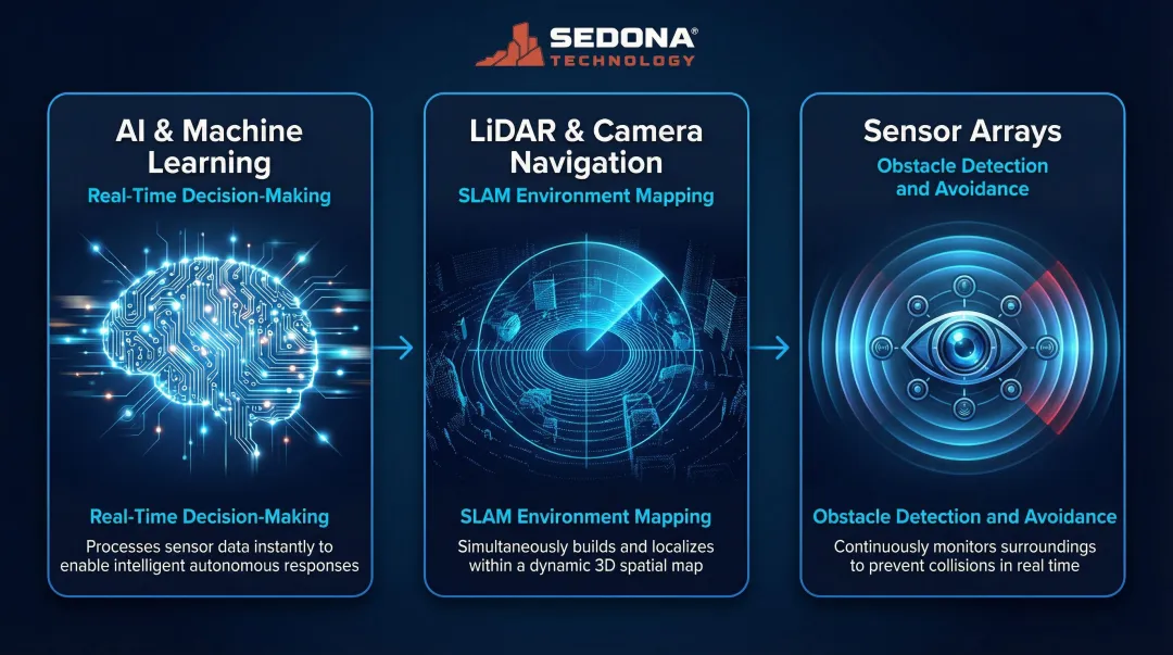 Three core technologies powering modern commercial service robots infographic