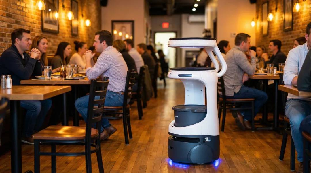 Food delivery robot navigating restaurant dining room during peak service hours