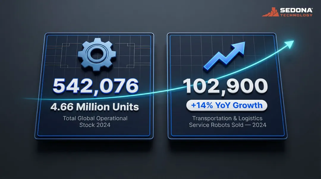 Global robotics market growth infographic showing industrial and service robot units 2024