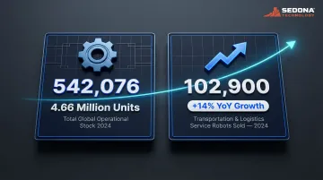 Global robotics market growth infographic showing industrial and service robot units 2024