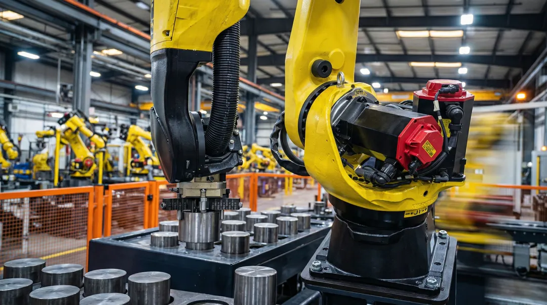 FANUC yellow industrial robot arm performing precision manufacturing assembly task