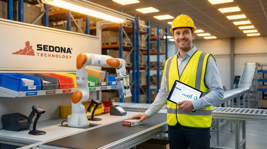 Warehouse worker and collaborative robot working side-by-side on fulfillment tasks