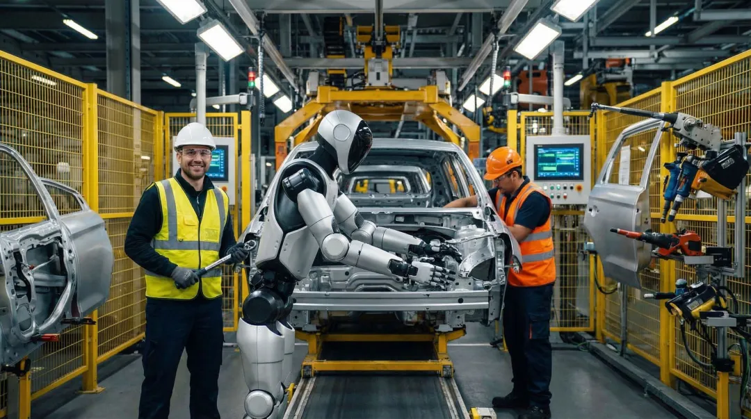 Humanoid robot working on automotive manufacturing assembly line with human workers