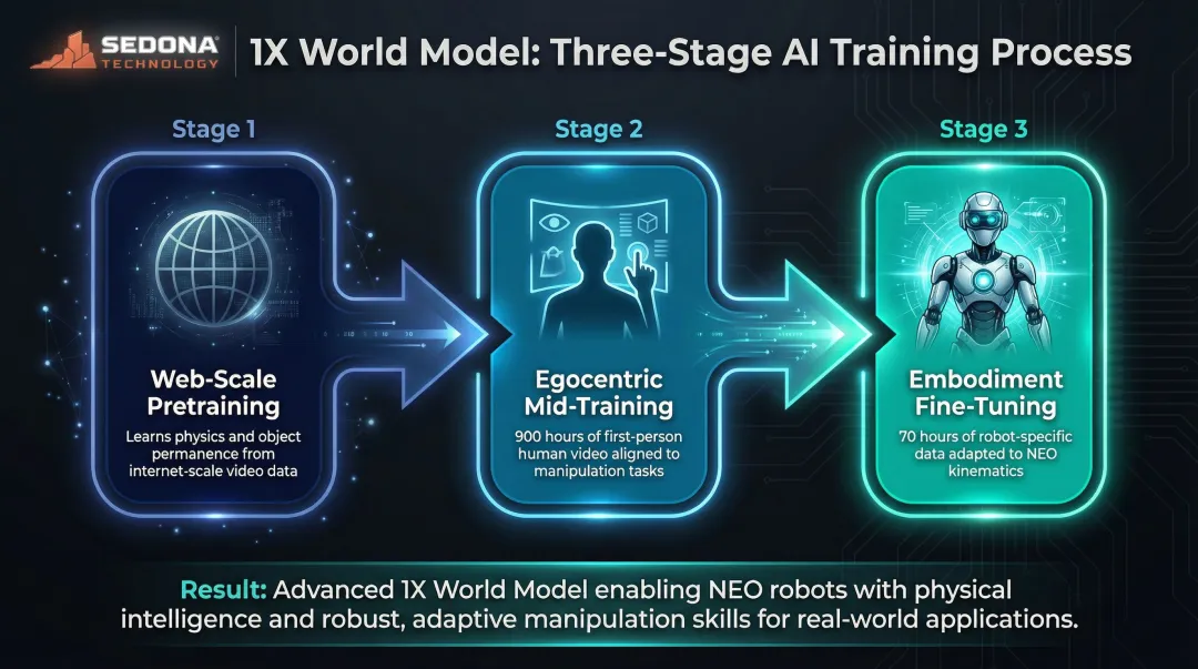 1X World Model three-stage AI training process from web pretraining to robot deployment
