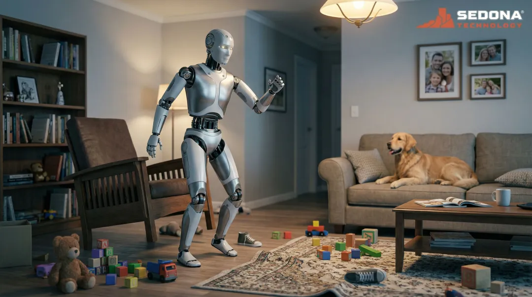 Humanoid robot struggling to navigate cluttered home environment with scattered objects and furniture
