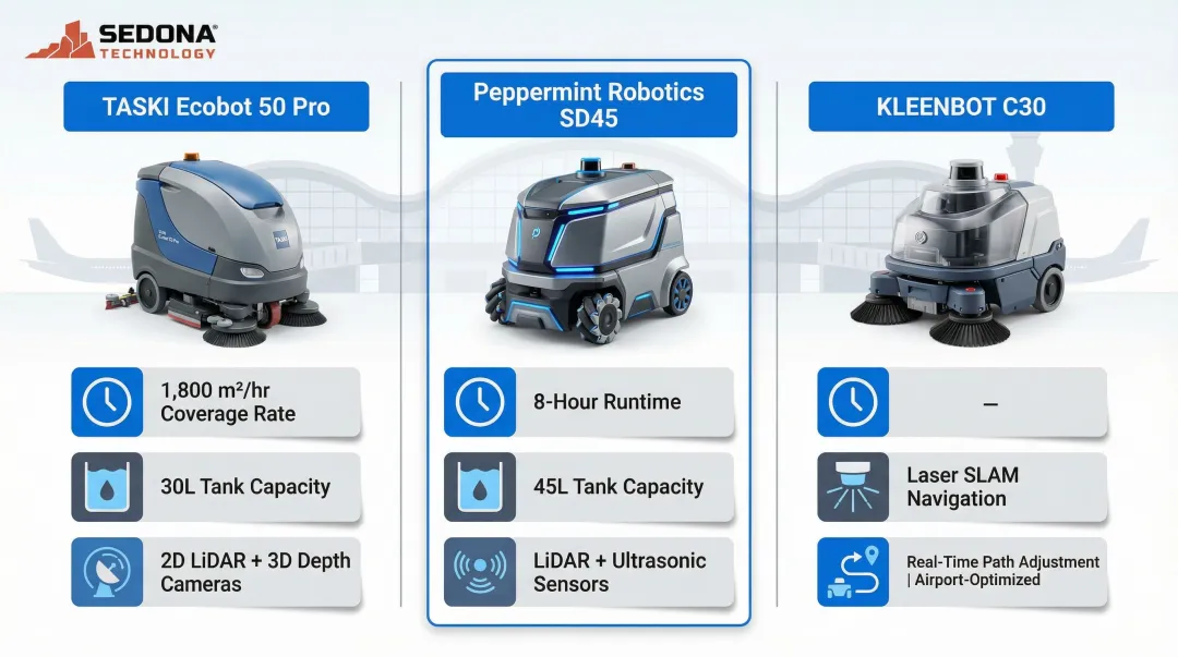 Three autonomous floor scrubber robot models compared by key specifications