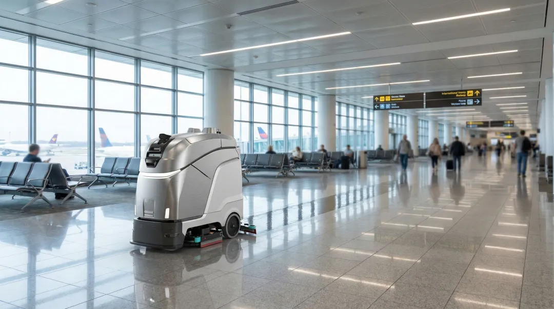 Airport terminal floor being cleaned by autonomous scrubber robot during operations
