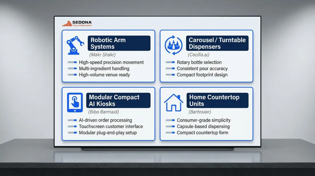 Four types of commercial robot bartenders comparison infographic with key features