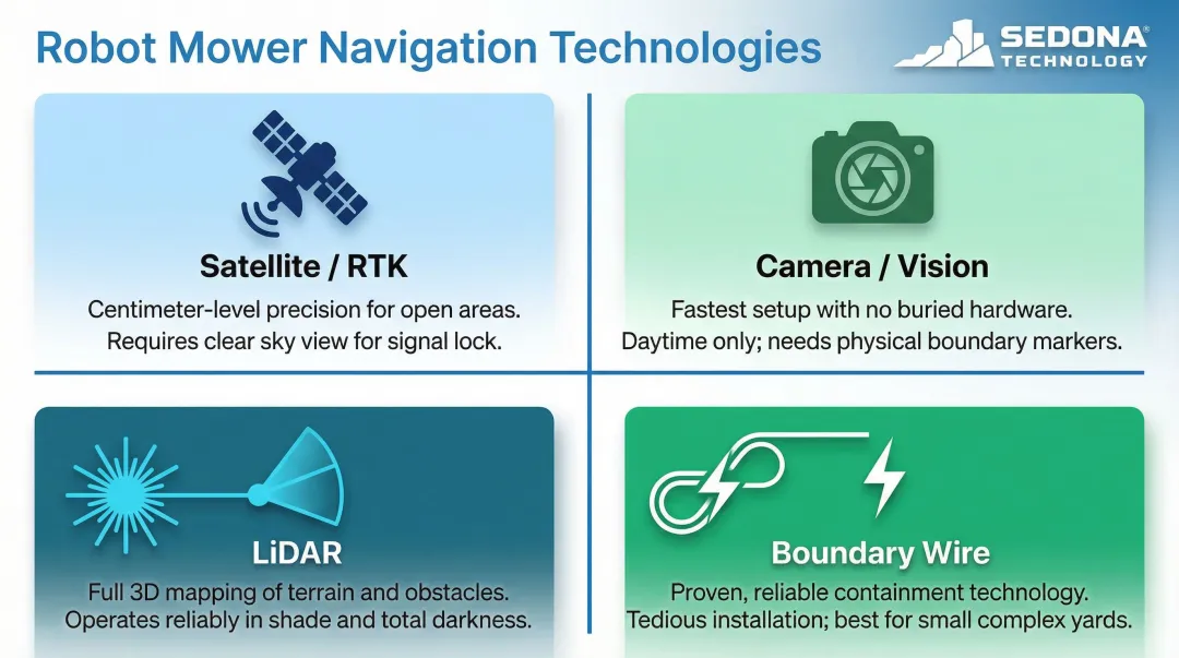 Four robot mower navigation types comparison infographic satellite RTK camera LiDAR wire