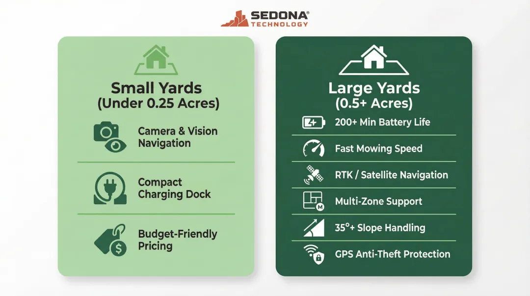 Small yard versus large yard robot mower selection criteria side-by-side comparison
