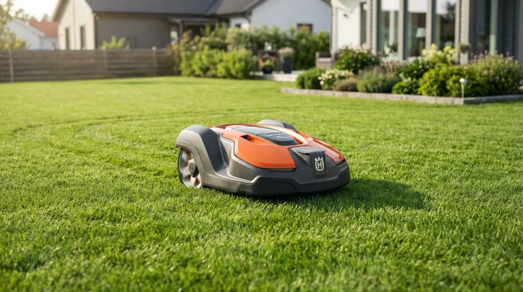 Premium robot lawn mower autonomously cutting large open residential lawn