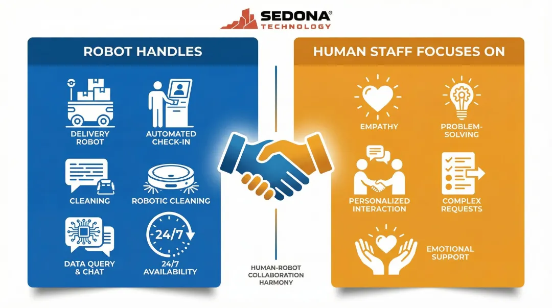 Human robot collaboration model dividing routine tasks versus guest interaction roles