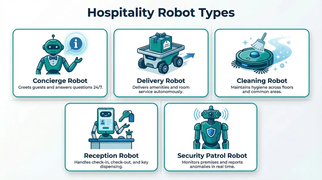 Five hotel robot types concierge delivery cleaning reception and security infographic