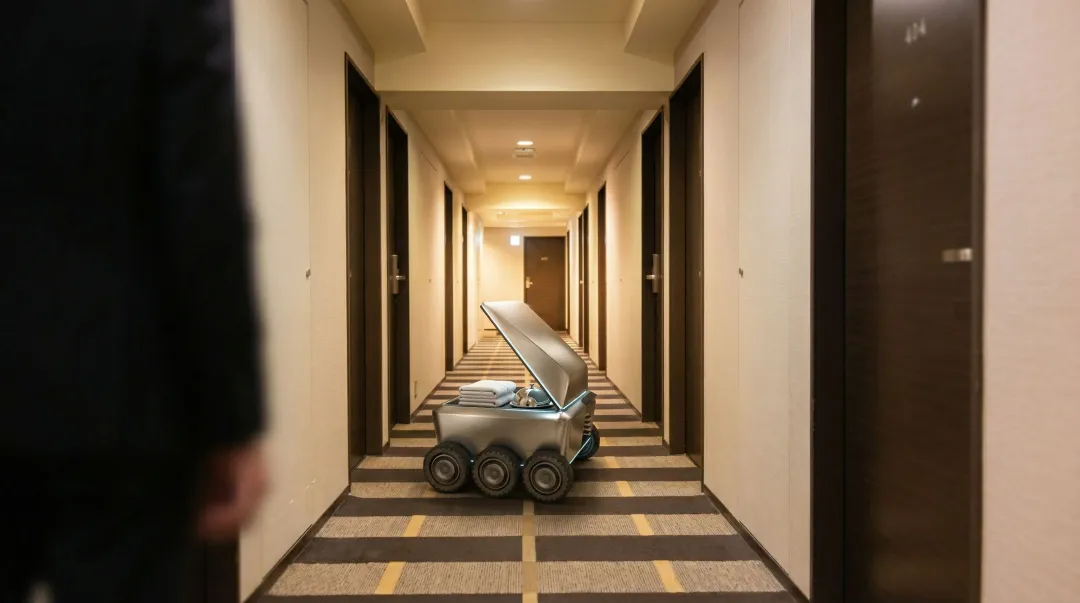 Hotel delivery robot autonomously navigating hallway with room service tray