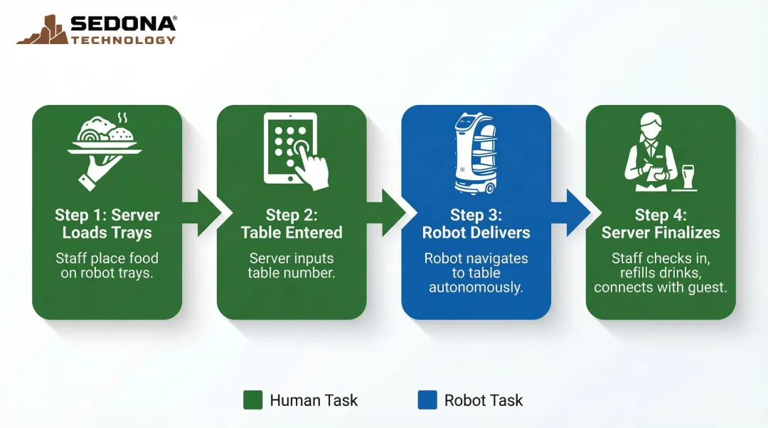 Restaurant robot and server division of labor workflow step-by-step process