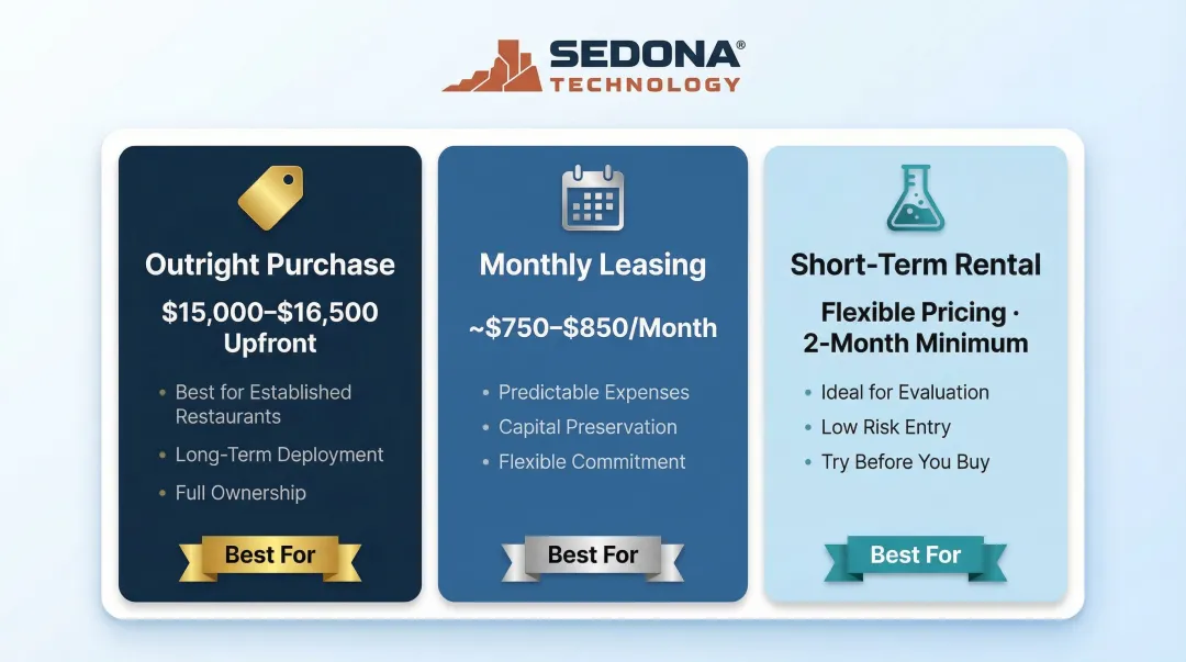 Three restaurant robot acquisition options purchase lease rental cost comparison table
