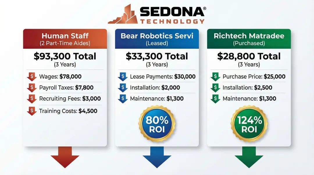 Three-year cost comparison robots versus human staff ROI breakdown infographic