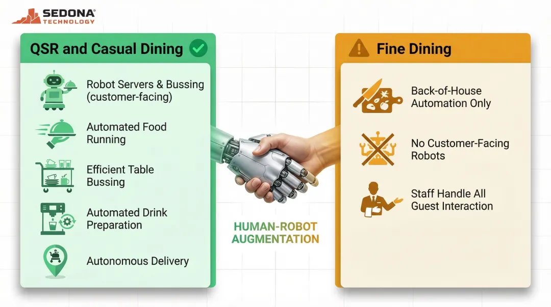 Restaurant robot deployment best practices by dining format front versus back of house