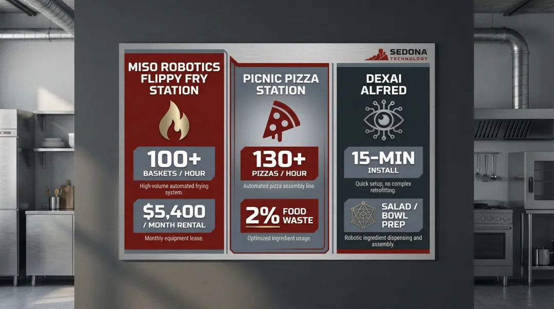Three restaurant kitchen robots comparison Flippy Picnic and Alfred specs