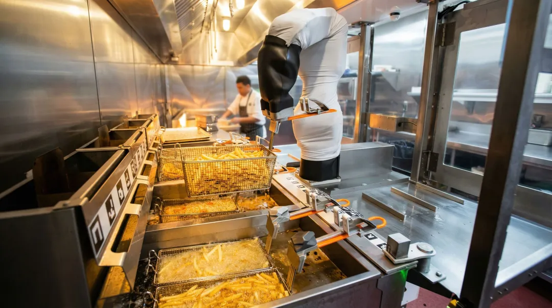Miso Robotics Flippy automated fry station operating inside fast food kitchen