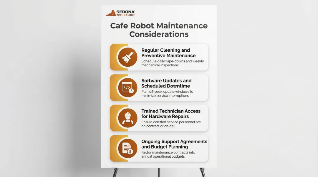 Cafe robot maintenance requirements checklist showing four operational challenge categories
