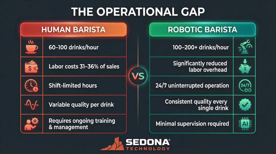 Robotic barista versus human barista labor cost and throughput comparison infographic