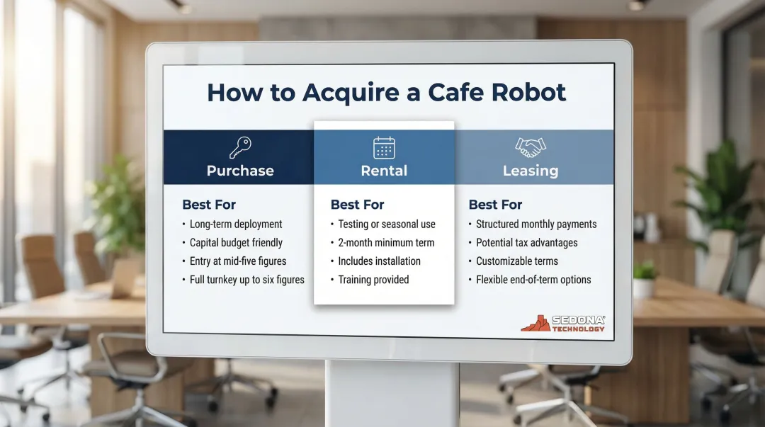 Three robotic barista acquisition paths purchase rental leasing comparison chart
