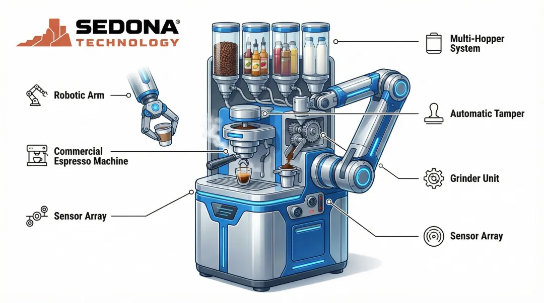 Commercial cafe robot hardware components diagram showing integrated systems breakdown