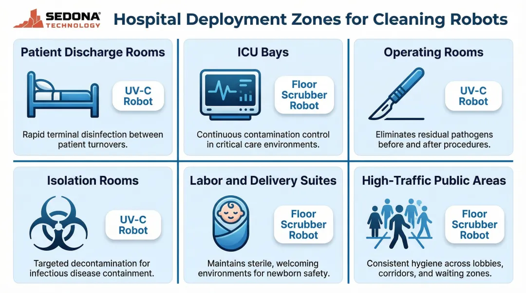 Six hospital deployment zones for UV-C and autonomous cleaning robots infographic