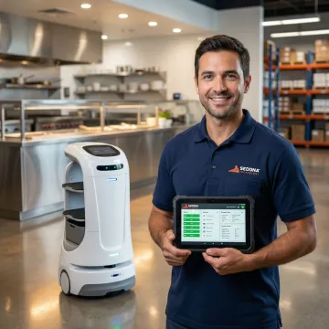 Technician testing a commercial robot after completing repair and maintenance service
