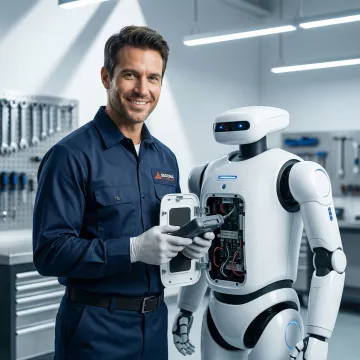 Technician performing professional repair and maintenance on a commercial service robot