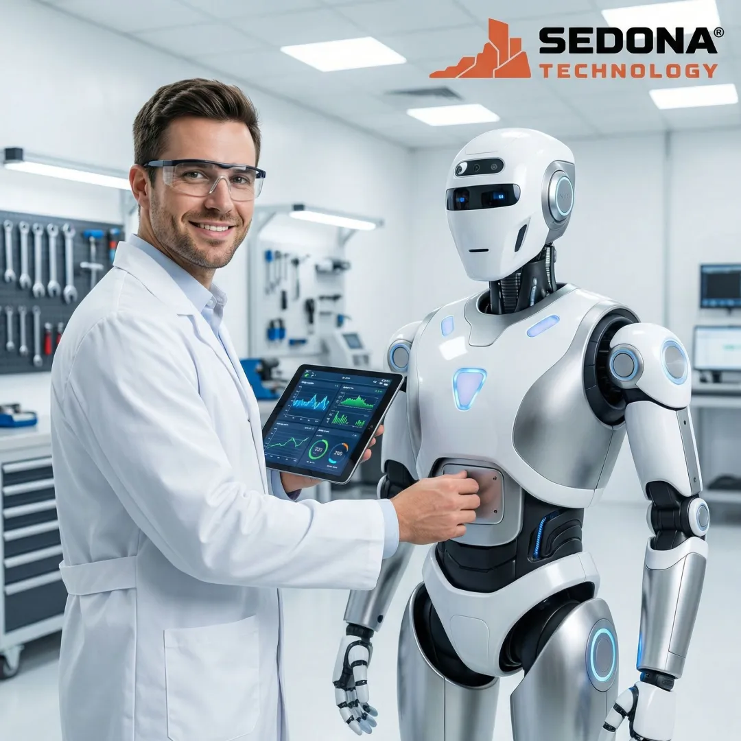 Technician testing a service robot after repair and maintenance