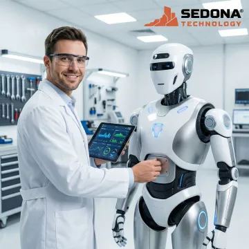 Technician testing a service robot after repair and maintenance