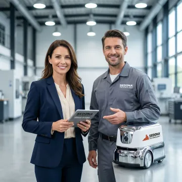 Business owner reviewing robot rental options with a technician on-site