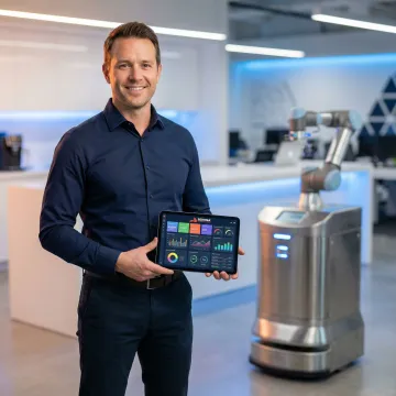 Business owner reviewing robotics performance data on a tablet beside an autonomous robot