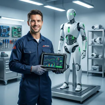 Technician testing a repaired commercial robot before returning it to service