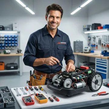 Technician servicing and repairing a robot lawn mower on a workbench