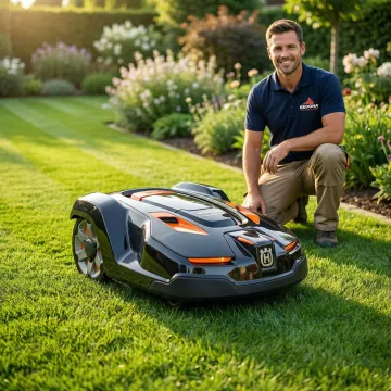 Robot mower being tested on a lawn after repair service