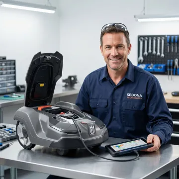 Technician running diagnostic tests on a robotic mower in a service workshop