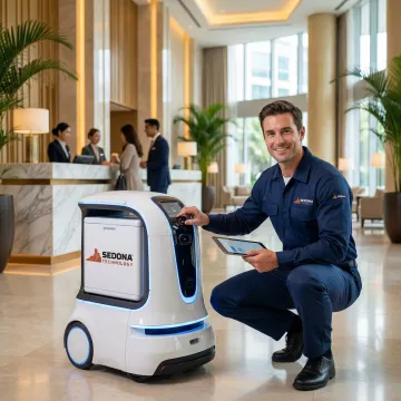 Hotel staff overseeing a delivery robot being set up in a hotel lobby