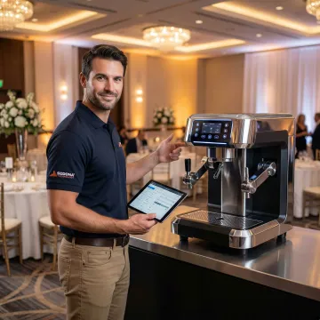 Technician setting up a robot bartender at an event venue